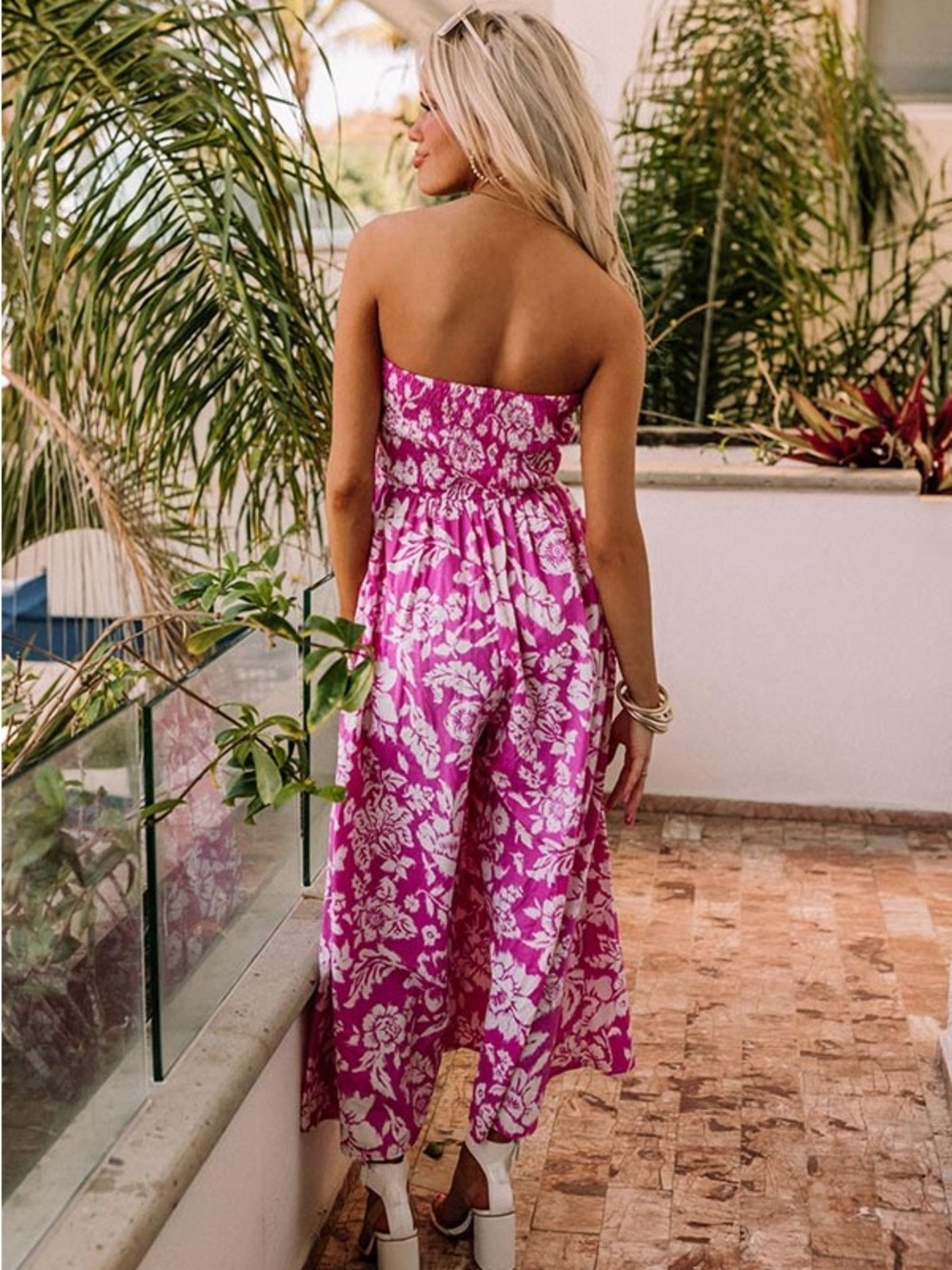 Aakaa Pink & White Floral Strapless Cutout Jumpsuit - Picture 3 of 8